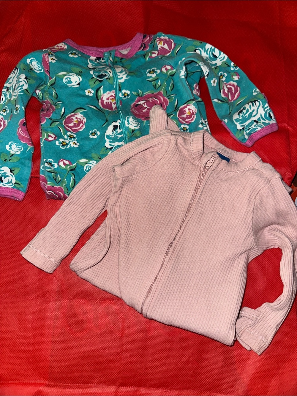 Girls' Pink Ribbed Zip pajamas and Teal Floral pajamas Set